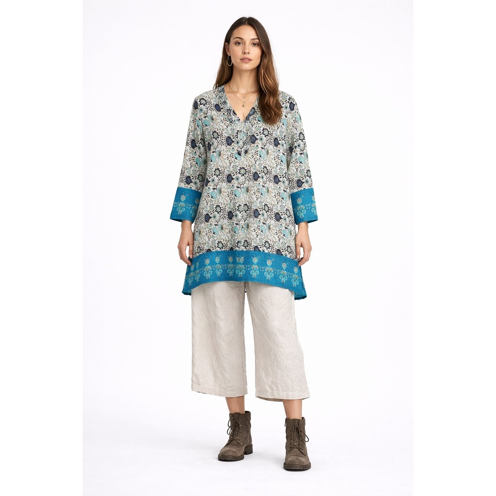 karma Highway 100% Cotton Boho Embroidery Floral Tunic Dress Blue White OS‎